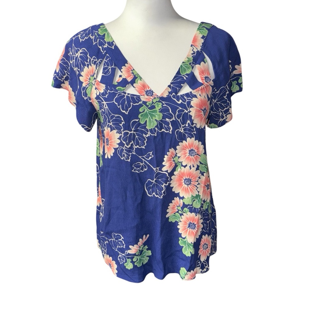 Maeve Anthropologie blue floral print lattice short sleeve top shirt blouse sz 6